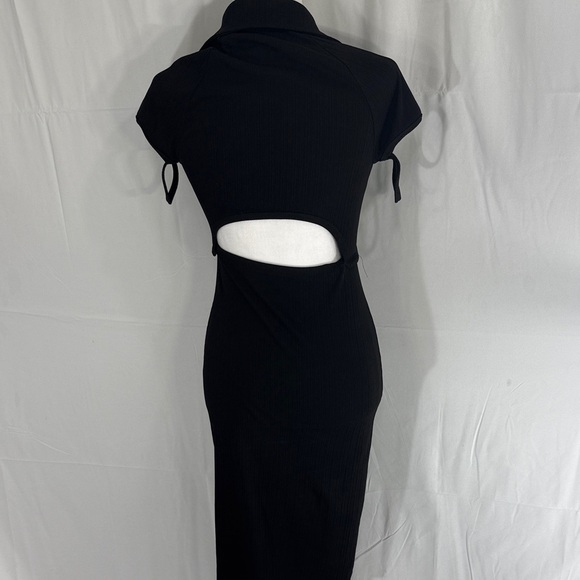Helmut Lang Black Ribbed Knit Midi Dress Collared Short Sleeve Cutout Back Sz S - Picture 8 of 11